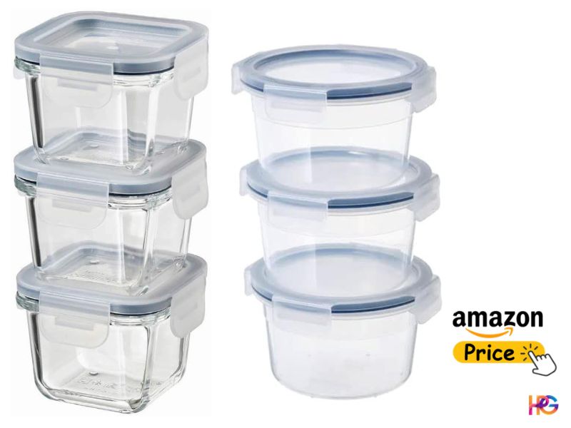 Two vertical stacks of clear glass food storage containers with snap-locking clear plastic lids, showcasing three square boxes and three round bowls.