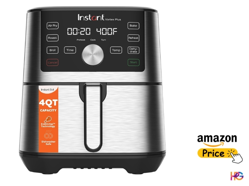 A combination product graphic for the Instant Vortex Plus 4-quart air fryer. The image is the stainless steel air fryer. Beside it, an interactive graphic button includes the "amazon" logo, a yellow button labeled "Price," and a hand-cursor pointer graphic clicking it. A small "HPG" watermark logo is in the corner.