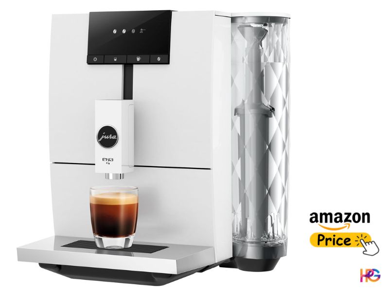 A close-up front-right three-quarter view of the compact, matte white Jura ENA 4 super automatic coffee machine. A clear glass of espresso sits on the drip tray, and the diamond-patterned water tank is visible on the right. A yellow button with an "amazon Price" label and a clicking hand icon is in the bottom-right corner, above a small "HPC" logo.