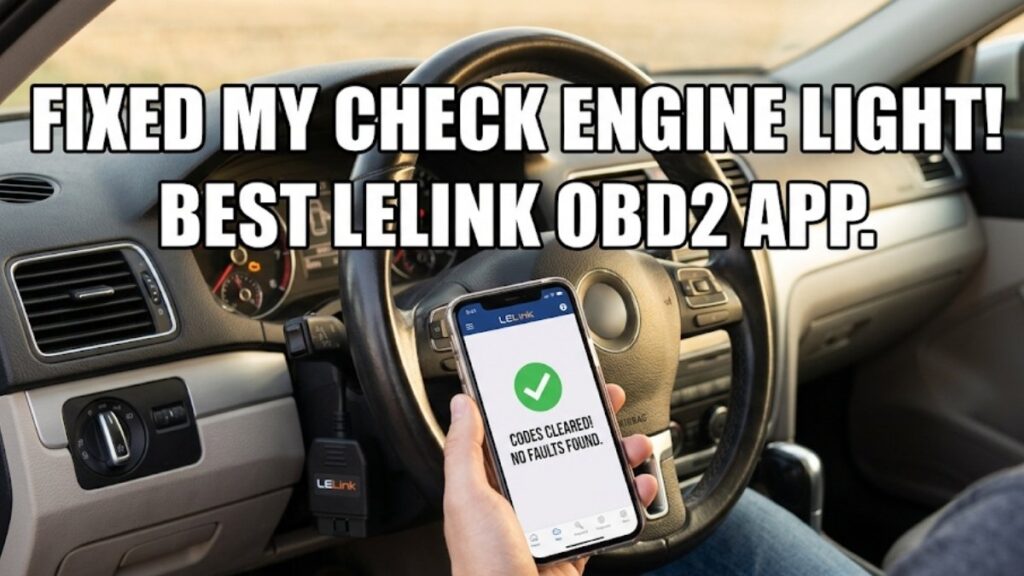 A person holds a phone showing a car diagnostic app screen that reads, "FIXED MY CHECK ENGINE LIGHT! BEST LELINK OBD2 APP." with a green checkmark indicating "CODES CLEARED! NO FAULTS FOUND." The LELink OBD2 adapter is plugged into the car's dashboard.