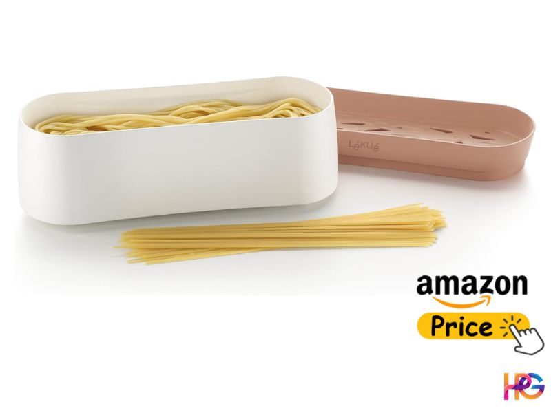 An image of a microwave pasta cooker with long spaghetti noodles both inside and beside it. This cooker from Lékué features a white container with a grey steamer tray on the side. The grey steamer tray is partially inside the container and partially beside it. On the side, there is an "Amazon Price" button.
