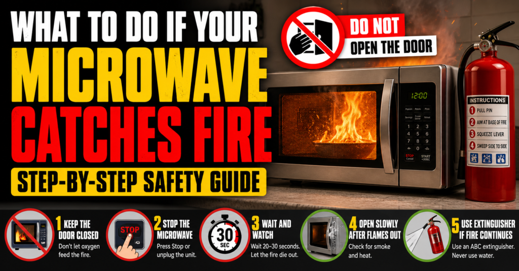 Microwave fire inside with flames visible through the glass door in a kitchen, warning text about keeping the door closed.