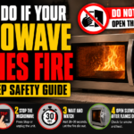 Microwave fire inside with flames visible through the glass door in a kitchen, warning text about keeping the door closed.