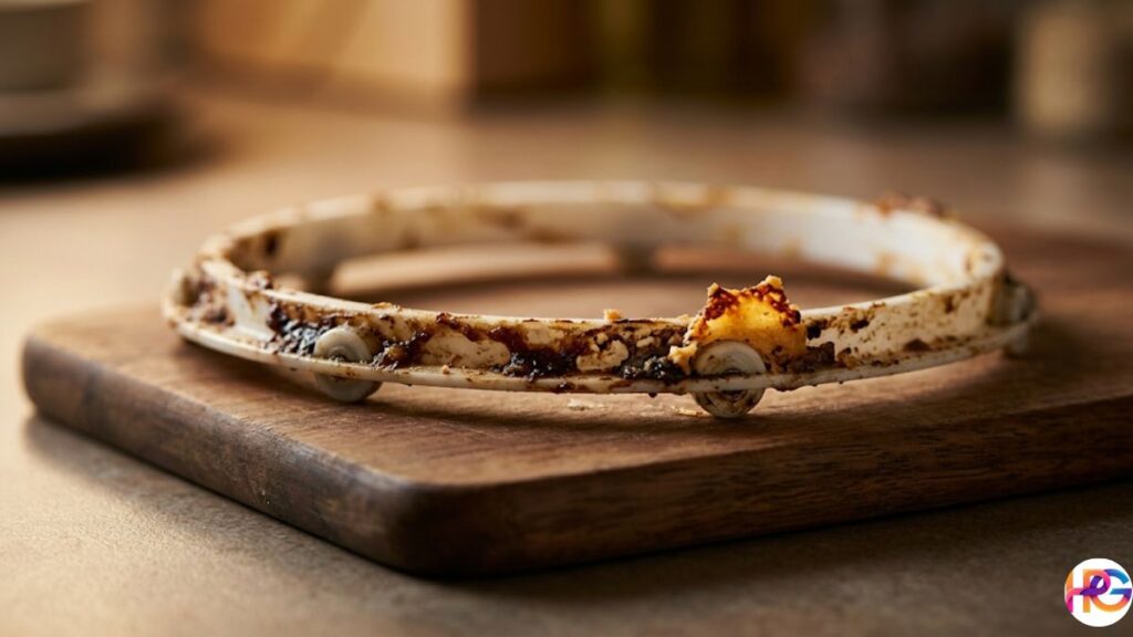 A close-up shot of a dirty white plastic microwave roller guide ring covered in dark brown food grease and crumbs, resting on a wooden board.