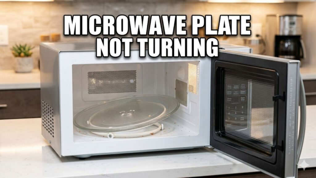 A countertop microwave with an open door showing a tilted glass tray inside, with large text overlay that reads "MICROWAVE PLATE NOT TURNING".