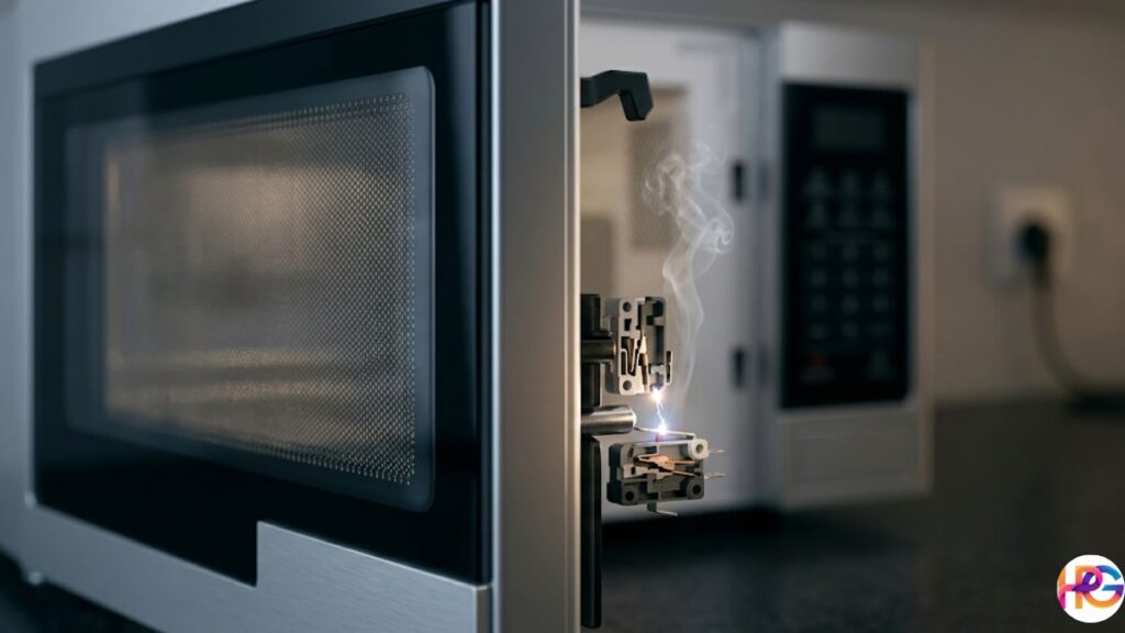 Close-up view of an exposed microwave door frame showing an internal interlock microswitch sparking and emitting a wisp of smoke due to an electrical short circuit.