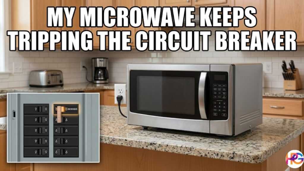Stainless steel microwave on a kitchen countertop with an inset of a tripped electrical panel breaker and bold text overlay reading, "my microwave keeps tripping the circuit breaker."