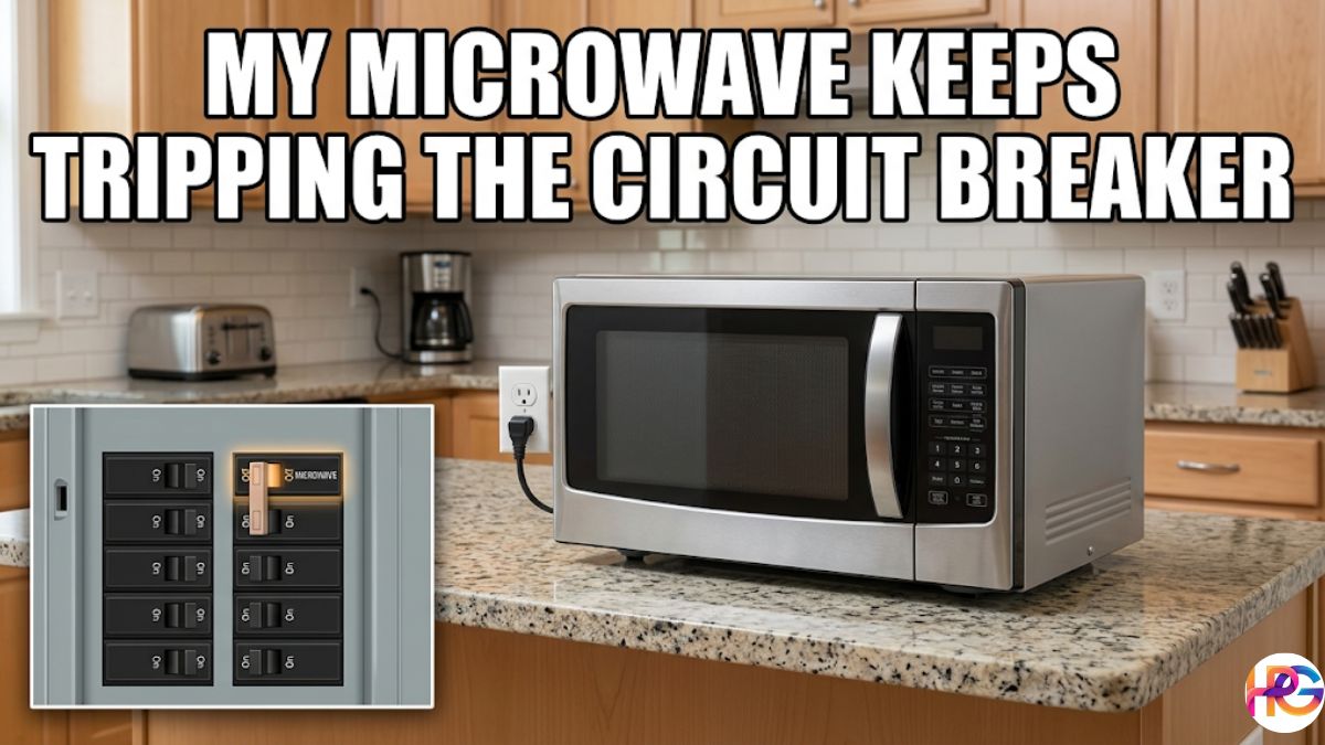 Stainless steel microwave on a kitchen countertop with an inset of a tripped electrical panel breaker and bold text overlay reading, "my microwave keeps tripping the circuit breaker."
