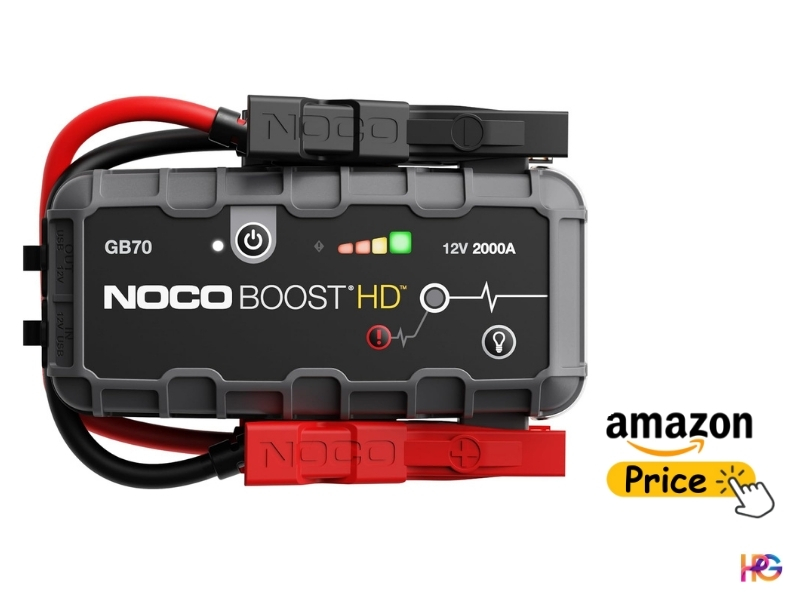 NOCO Boost HD GB70 2000A portable lithium-ion jump starter with spark-proof technology and heavy-duty battery clamps.