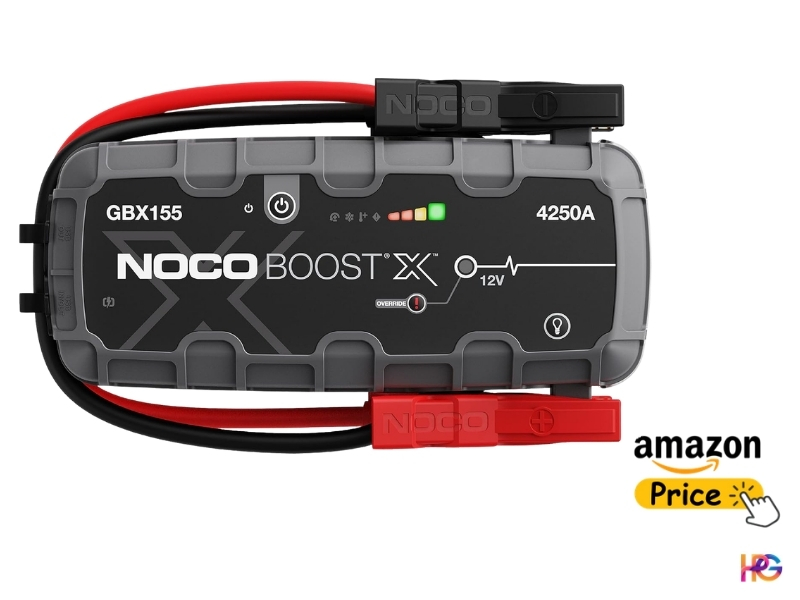 NOCO Boost X GBX155 ultra-powerful portable lithium jump starter with 4250A peak current and heavy-duty clamps.