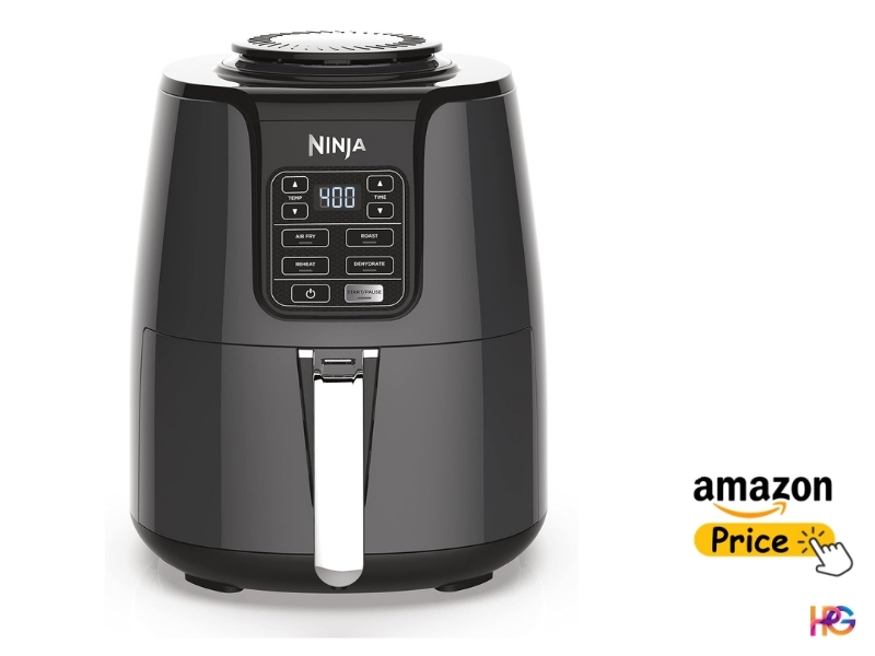 A combination product graphic for the dark grey Ninja 4-quart air fryer. The image is the sleek air fryer. Beside it, an interactive graphic button includes the "amazon" logo, a yellow button labeled "Price," and a hand-cursor pointer graphic clicking it. A small "HPG" watermark logo is in the corner.