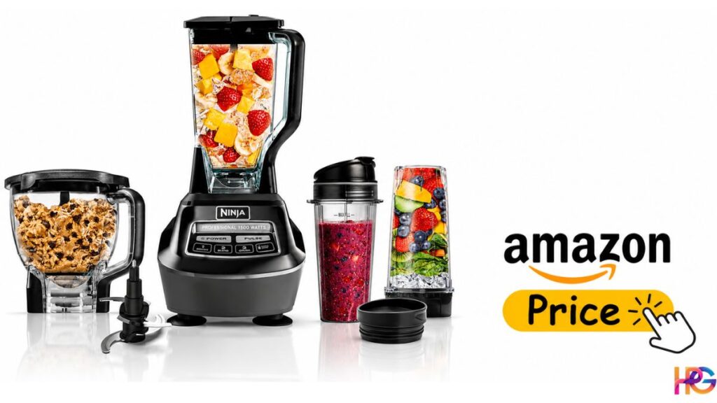 The Ninja BL770 Mega Kitchen System on a white background. It shows the 1500-watt motor base, a large blender pitcher, a food processor bowl, and two to-go cups with lids.