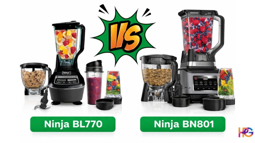 A clear side by side view of the Ninja bl770 vs bn801 kitchen systems. It shows the main blenders, food bowls, to-go cups, and sharp blades for both models.