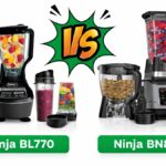 A clear side by side view of the Ninja bl770 vs bn801 kitchen systems. It shows the main blenders, food bowls, to-go cups, and sharp blades for both models.
