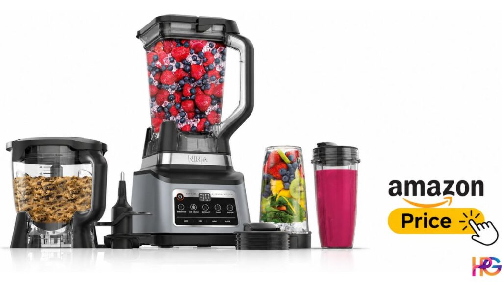 The Ninja BN801 Professional Plus Kitchen System with Auto-iQ. It shows the smart motor base, a large blender pitcher, a food bowl, and two 24 oz to-go cups.