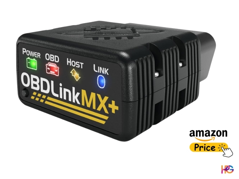 Close-up of an OBDLink MX+ professional OBD2 scanner showing its status LEDs for Power, OBD, Host, and Link.