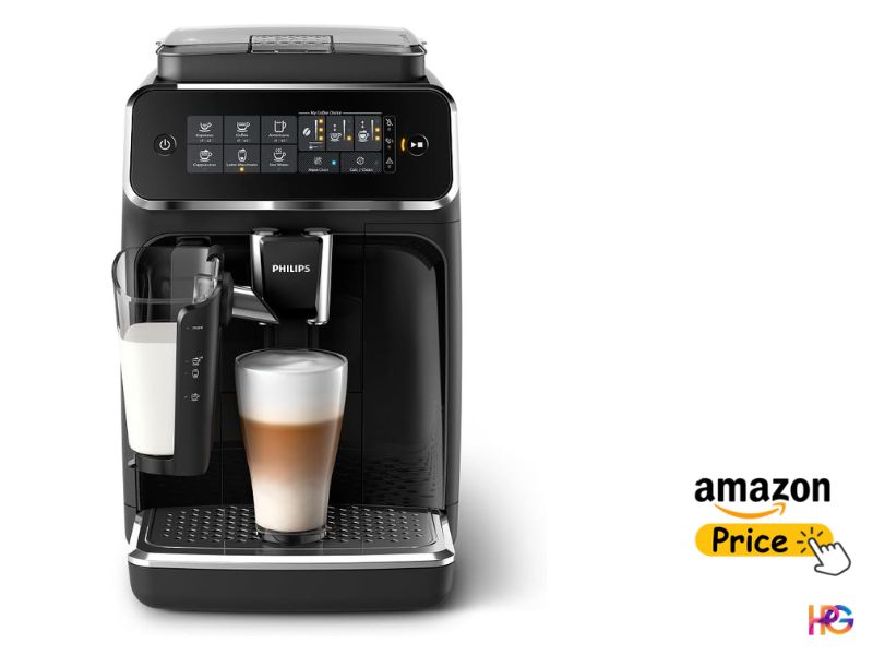 A head-on front view of the Philips 3200 Series LatteGo super automatic coffee machine in matte black and silver. A filled glass of latte is on the drip tray, and the tubeless LatteGo milk system is on the left. The touch interface is visible. A yellow button with an "amazon Price" label and a clicking hand icon is in the bottom-right corner, above a small "HPC" logo.