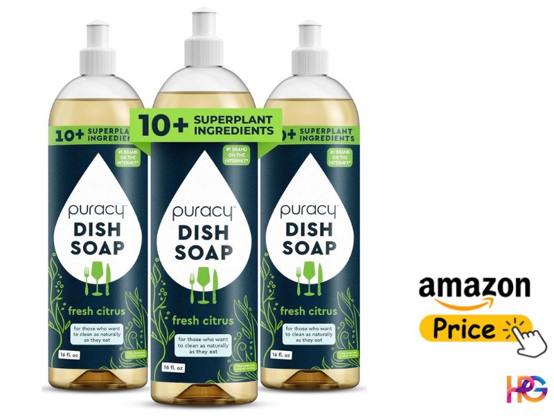Three 16 oz bottles of Puracy natural dish soap in fresh citrus scent with pump tops, showing "10+ Superplant Ingredients," alongside an Amazon price button.
