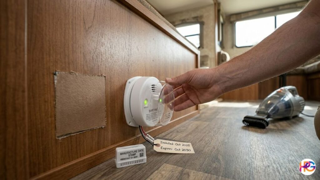 A close-up view of a hand checking a white Safe-T-Alert RV propane detector mounted low on a wooden dinette base, with an expiration tag on the floor and a small handheld vacuum cleaner in the blurred background.