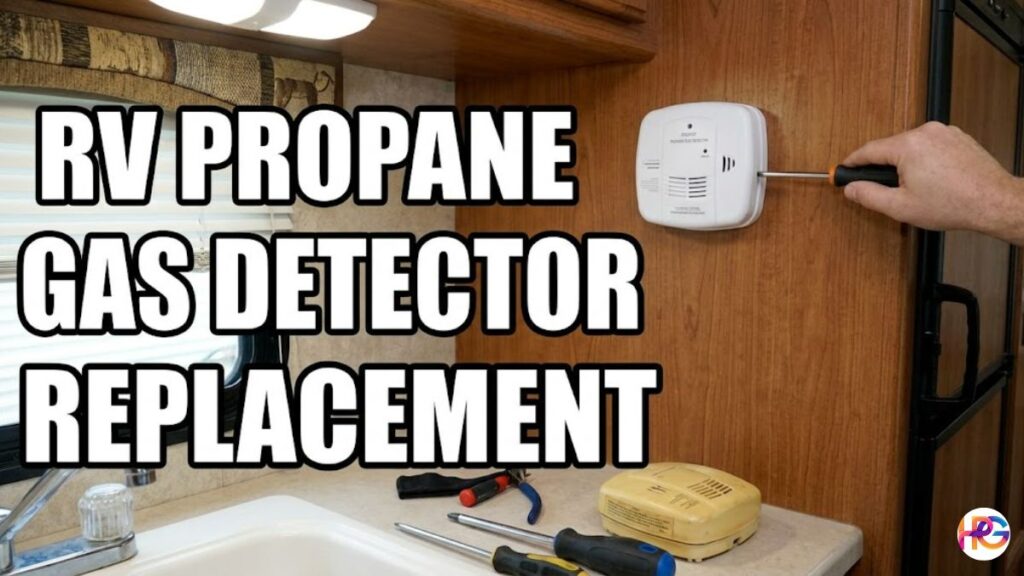 A person using a screwdriver to install a white RV propane detector on a wooden wall above a camper kitchen sink, featuring large bold text reading RV PROPANE GAS DETECTOR REPLACEMENT.