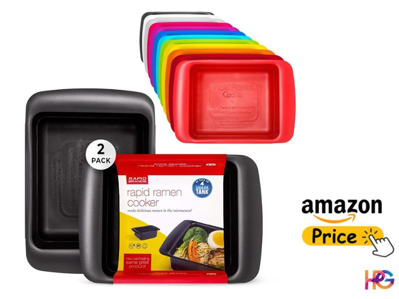 An image of a stack of multiple colored Rapid Ramen Cookers and another 2-pack in black with their original packaging. The colored stack includes pink, yellow, blue, and green colors. On the side, there is an "Amazon Price" button.