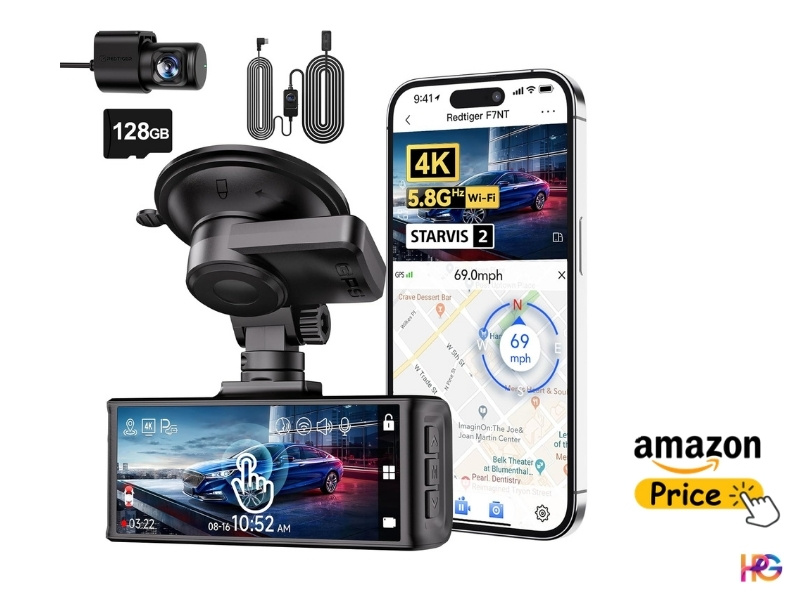 Redtiger F7N dash cam kit including the main front unit with a screen, a small rear camera, a 128GB microSD card, and a smartphone showing the GPS app interface.