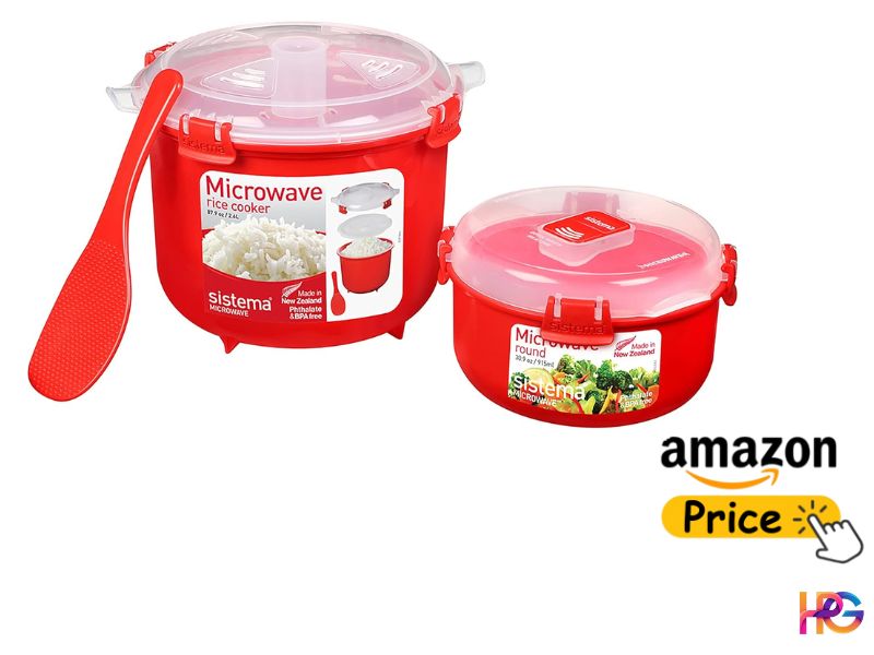 An image of a microwave rice cooker alongside a round steamer, both in red. They features transparent lids with a small steam release vent in the center. On the side, there is an "Amazon Price" button.