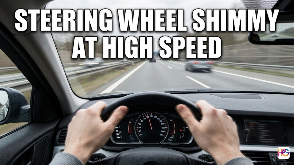 A first-person view of a driver's hands on a steering wheel while traveling fast on a highway. The image features motion blur and large white text that reads "STEERING WHEEL SHIMMY AT HIGH SPEED".