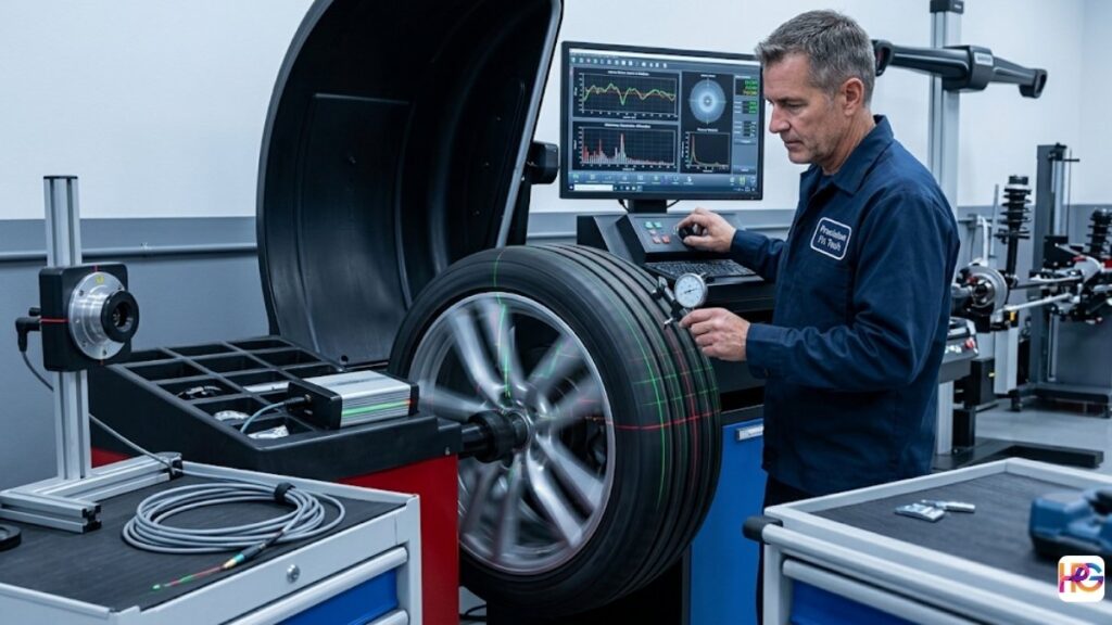 A close-up photograph in a modern, clean automotive repair shop, showing a detailed technician with a focused expression analyzing a car's tire mounted on a large, complex diagnostic machine. A computer monitor above displays force graphs and data, while the technician uses a dial indicator to measure precision runout. The setting is sterile and professional.