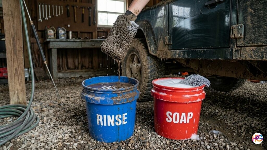 A muddy microfiber wash mitt drips dark brown water into a blue "RINSE" bucket, sitting next to a red "SOAP" bucket with clean white foam in a rustic garage with a mud-caked truck.