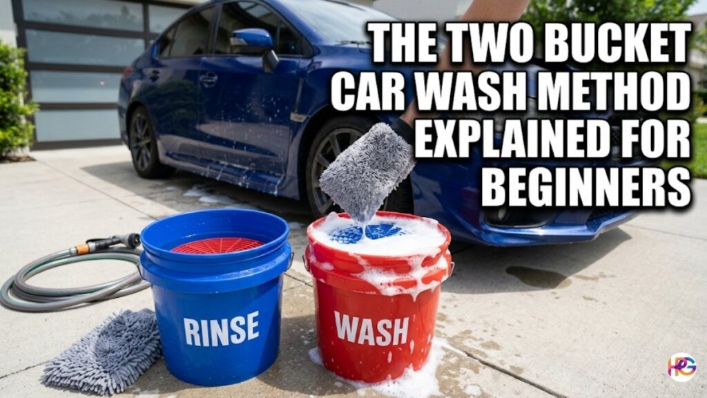 An outdoor shot of a blue car in a driveway with two buckets—a blue "RINSE" bucket and a red "WASH" bucket—featuring a gray wash mitt and text overlay that reads "THE TWO BUCKET CAR WASH METHOD EXPLAINED FOR BEGINNERS".