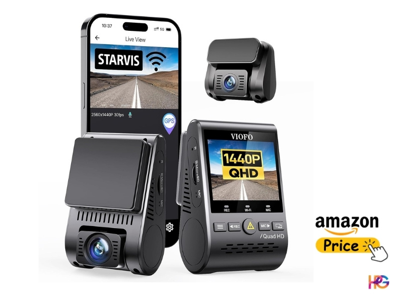 VIOFO A129 Plus Duo dash cam set showing the wedge-shaped front camera with a screen, a secondary rear camera, and a mobile phone displaying a live video feed.