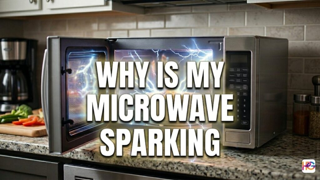 A silver microwave on a kitchen counter with its door open, showing bright blue electrical sparks inside. Bold white text in the center asks, "WHY IS MY MICROWAVE SPARKING".