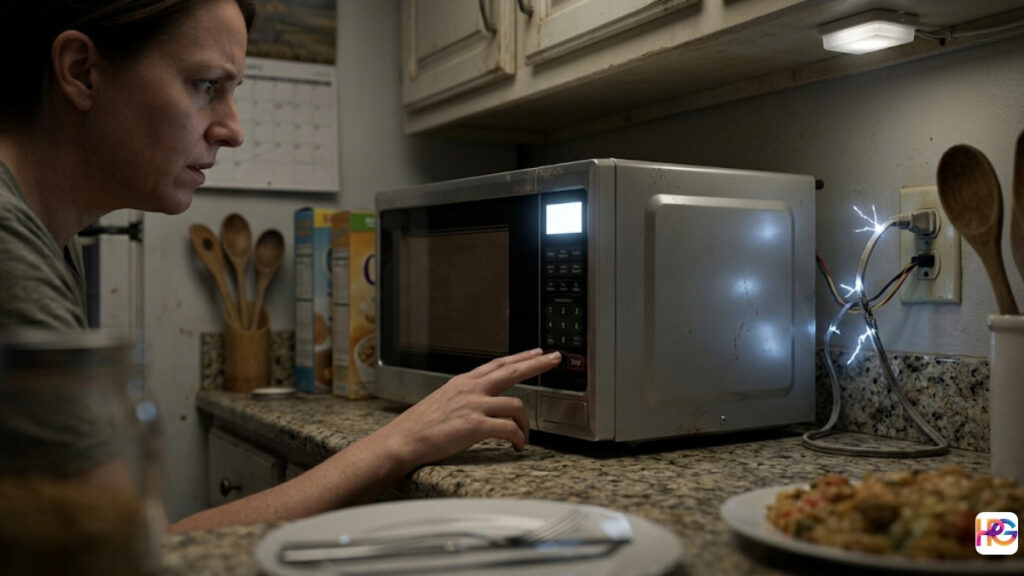 A concerned woman touches the control panel of a silver microwave while bright blue electrical sparks arc from the frayed power cord and wall outlet in the background.