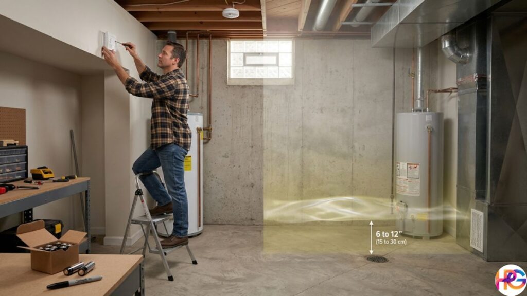 A man in a plaid shirt stands on a step ladder in a basement, using a screwdriver to install or repair a gas detector on the wall. The scene shows a utility room with a water heater and furnace, featuring a technical overlay illustrating proper gas sensor placement height near the floor.