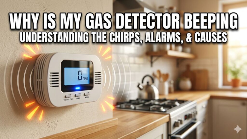 A white digital gas detector mounted on a kitchen wall, emitting orange beeping icons and displaying "0 PPM" on its screen. The image features bold, white Impact-style text at the top: "WHY IS MY GAS DETECTOR BEEPING UNDERSTANDING THE CHIRPS, ALARMS, & CAUSES".