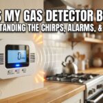A white digital gas detector mounted on a kitchen wall, emitting orange beeping icons and displaying "0 PPM" on its screen. The image features bold, white Impact-style text at the top: "WHY IS MY GAS DETECTOR BEEPING UNDERSTANDING THE CHIRPS, ALARMS, & CAUSES".
