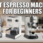 Four different semi-automatic and automatic espresso machines lined up on a white kitchen counter with a blurry kitchen background. Large white text at the top reads, "BEST ESPRESSO MACHINE FOR BEGINNERS." The machines show different styles and features, including grinders and steam wands.
