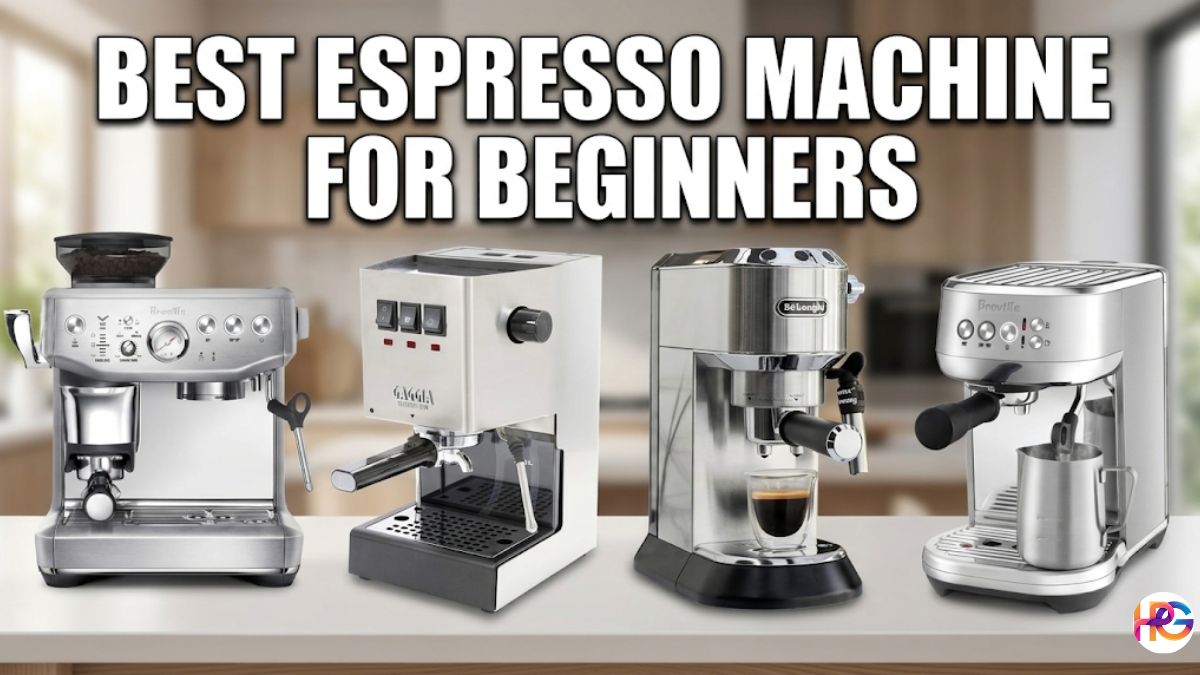 Four different semi-automatic and automatic espresso machines lined up on a white kitchen counter with a blurry kitchen background. Large white text at the top reads, "BEST ESPRESSO MACHINE FOR BEGINNERS." The machines show different styles and features, including grinders and steam wands.
