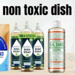 A lineup of four popular natural dish soaps including Blueland tablets, Puracy liquid, Dr. Bronner's Sal Suds, and Attitude liquid soap, with the bold title text "best non toxic dish soap" displayed overhead.