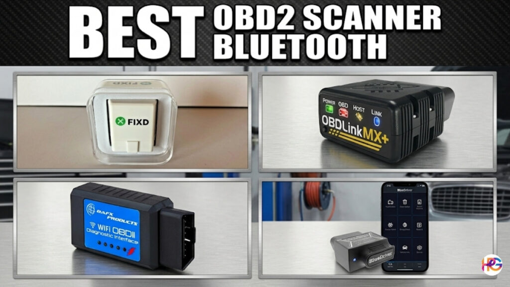 A comparison guide titled "BEST OBD2 SCANNER BLUETOOTH," featuring four different framed automotive diagnostic tools: a packaged FIXD scanner, an OBDLink MX+ scanner, a BAFX Products WiFi scanner, and a BlueDriver scanner next to a smartphone showing its app interface.