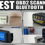 A comparison guide titled "BEST OBD2 SCANNER BLUETOOTH," featuring four different framed automotive diagnostic tools: a packaged FIXD scanner, an OBDLink MX+ scanner, a BAFX Products WiFi scanner, and a BlueDriver scanner next to a smartphone showing its app interface.