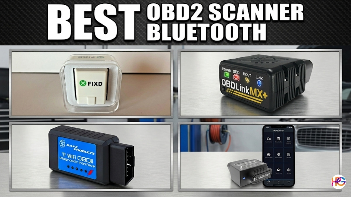 A comparison guide titled "BEST OBD2 SCANNER BLUETOOTH," featuring four different framed automotive diagnostic tools: a packaged FIXD scanner, an OBDLink MX+ scanner, a BAFX Products WiFi scanner, and a BlueDriver scanner next to a smartphone showing its app interface.