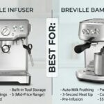 Side-by-side comparison image of the Breville Infuser and Breville Bambino Plus espresso machines with bulleted feature lists for each model.