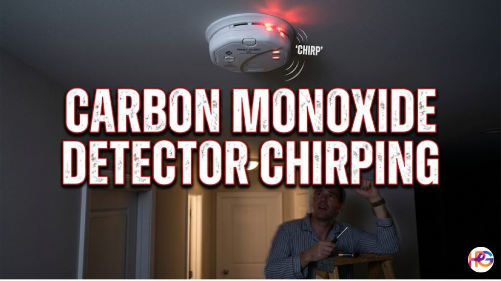 A frustrated man in pajamas, holding a screwdriver on a stepladder, looks up at a ceiling-mounted carbon monoxide detector which has flashing red lights and sound wave lines indicating a chirp.