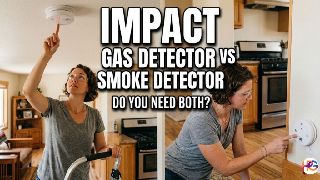 A split-image photograph showing an American woman in a home testing a ceiling-mounted smoke detector and a wall-mounted gas detector. Bold text over the image asks: "Gas Detector vs Smoke Detector: Do You Need Both?"