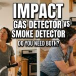 A split-image photograph showing an American woman in a home testing a ceiling-mounted smoke detector and a wall-mounted gas detector. Bold text over the image asks: "Gas Detector vs Smoke Detector: Do You Need Both?"