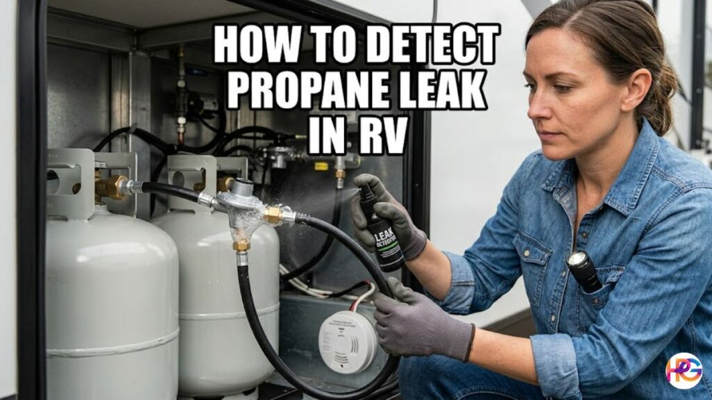 An American woman spraying leak detector solution onto an RV propane regulator and gas hose connections to check for bubbles.