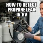 An American woman spraying leak detector solution onto an RV propane regulator and gas hose connections to check for bubbles.
