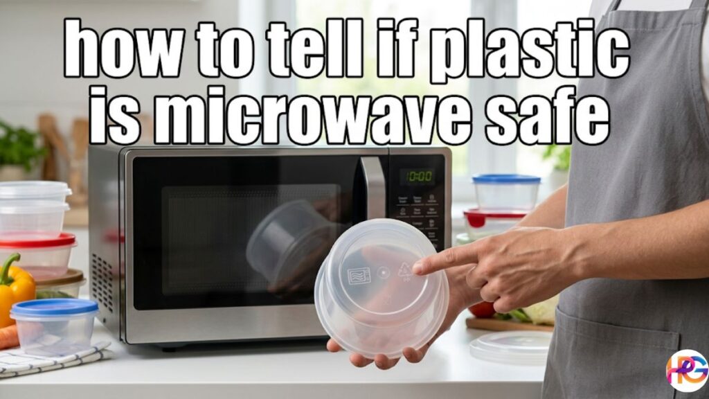 A person wearing a grey apron holds a clear plastic container and points to the microwave-safe icon and #5 PP recycling symbol on the bottom. A modern microwave and a stack of colorful food containers are visible on the kitchen counter in the background.